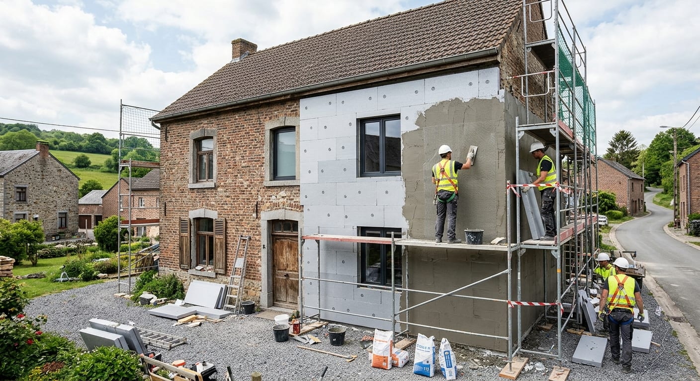 Façade de maison en cours de rénovation thermique extérieure avec panneaux isolants et enduit protecteur en Wallonie